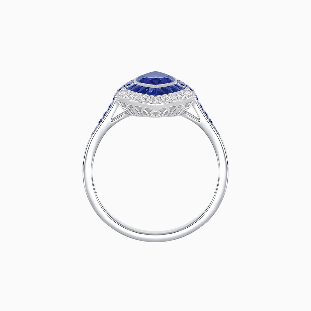 Art Deco Style Marquise Cut Ring with Double Halo Featuring Gemstone and Diamond Halo - Shahin Jewelry