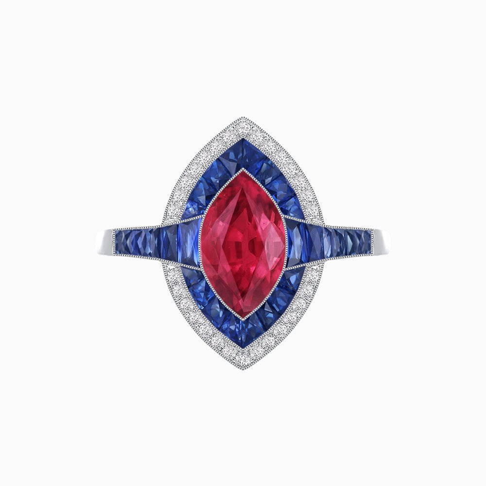 Art Deco Style Marquise Cut Ring with Double Halo Featuring Gemstone and Diamond Halo - Shahin Jewelry