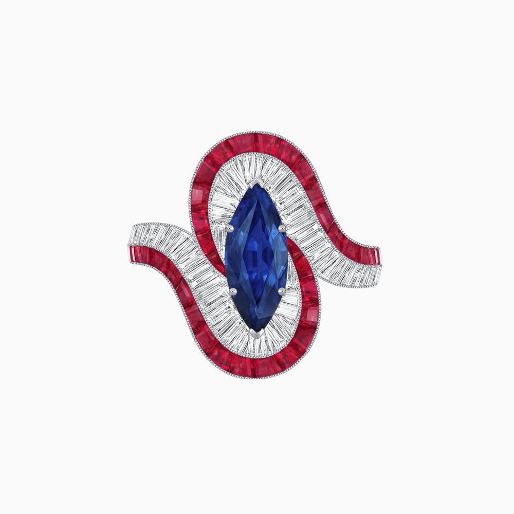 Art Deco Style Marquise Cut Wave Ring Mounting with Baguette Diamonds and Calibre-Cut Gemstones - Shahin Jewelry