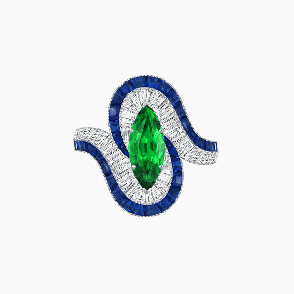 Art Deco Style Marquise Cut Wave Ring Mounting with Baguette Diamonds and Calibre-Cut Gemstones - Shahin Jewelry