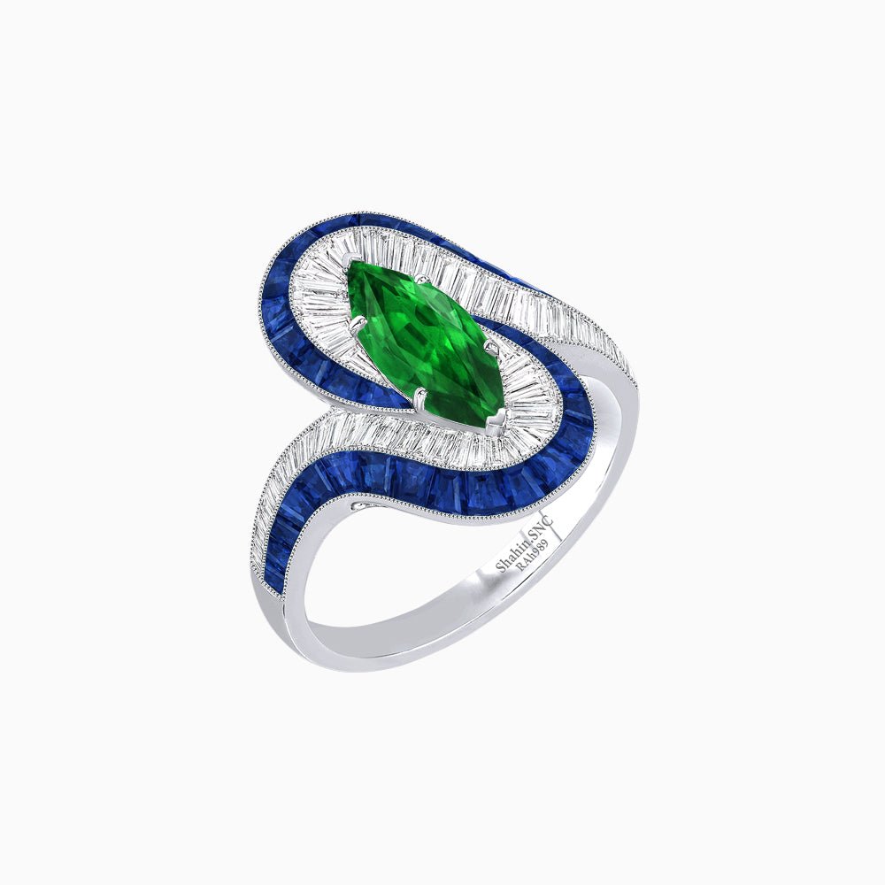 Art Deco Style Marquise Cut Wave Ring Mounting with Baguette Diamonds and Calibre-Cut Gemstones - Shahin Jewelry