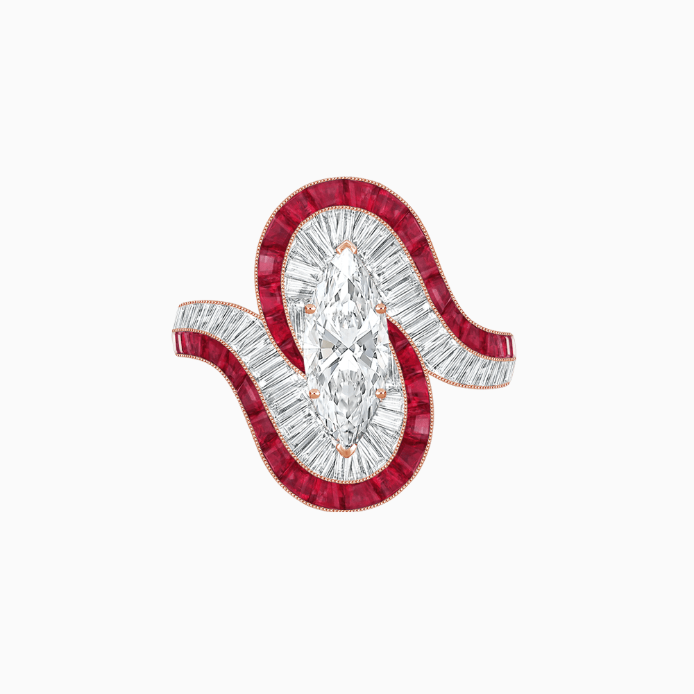 Art Deco Style Marquise Cut Wave Ring Mounting with Baguette Diamonds and Calibre-Cut Gemstones - Shahin Jewelry