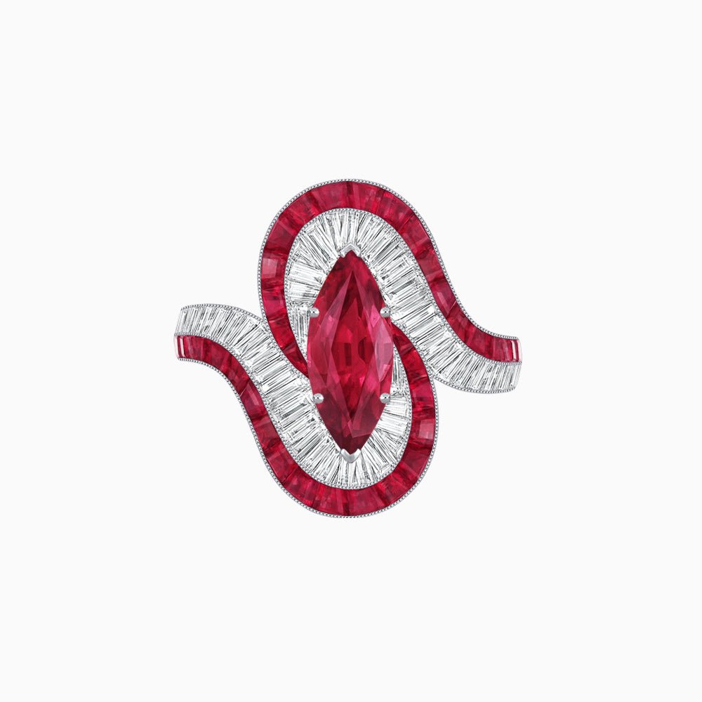 Art Deco Style Marquise Cut Wave Ring Mounting with Baguette Diamonds and Calibre-Cut Gemstones - Shahin Jewelry