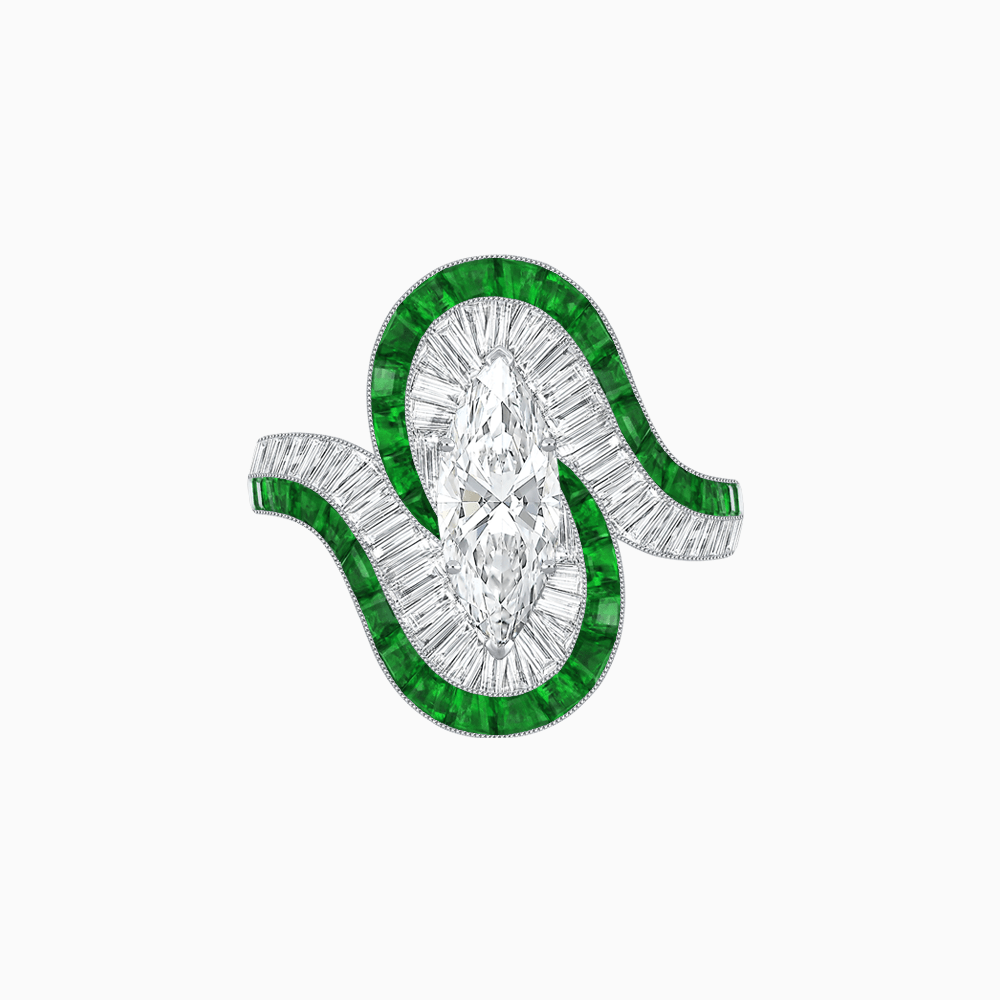 Art Deco Style Marquise Cut Wave Ring Mounting with Baguette Diamonds and Calibre-Cut Gemstones - Shahin Jewelry