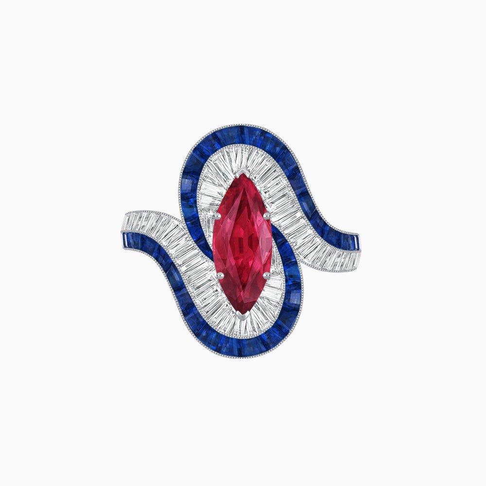 Art Deco Style Marquise Cut Wave Ring Mounting with Baguette Diamonds and Calibre-Cut Gemstones - Shahin Jewelry