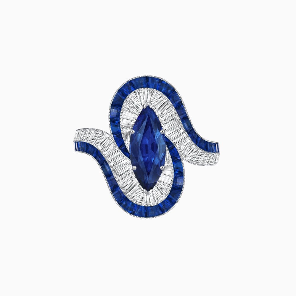 Art Deco Style Marquise Cut Wave Ring Mounting with Baguette Diamonds and Calibre-Cut Gemstones - Shahin Jewelry