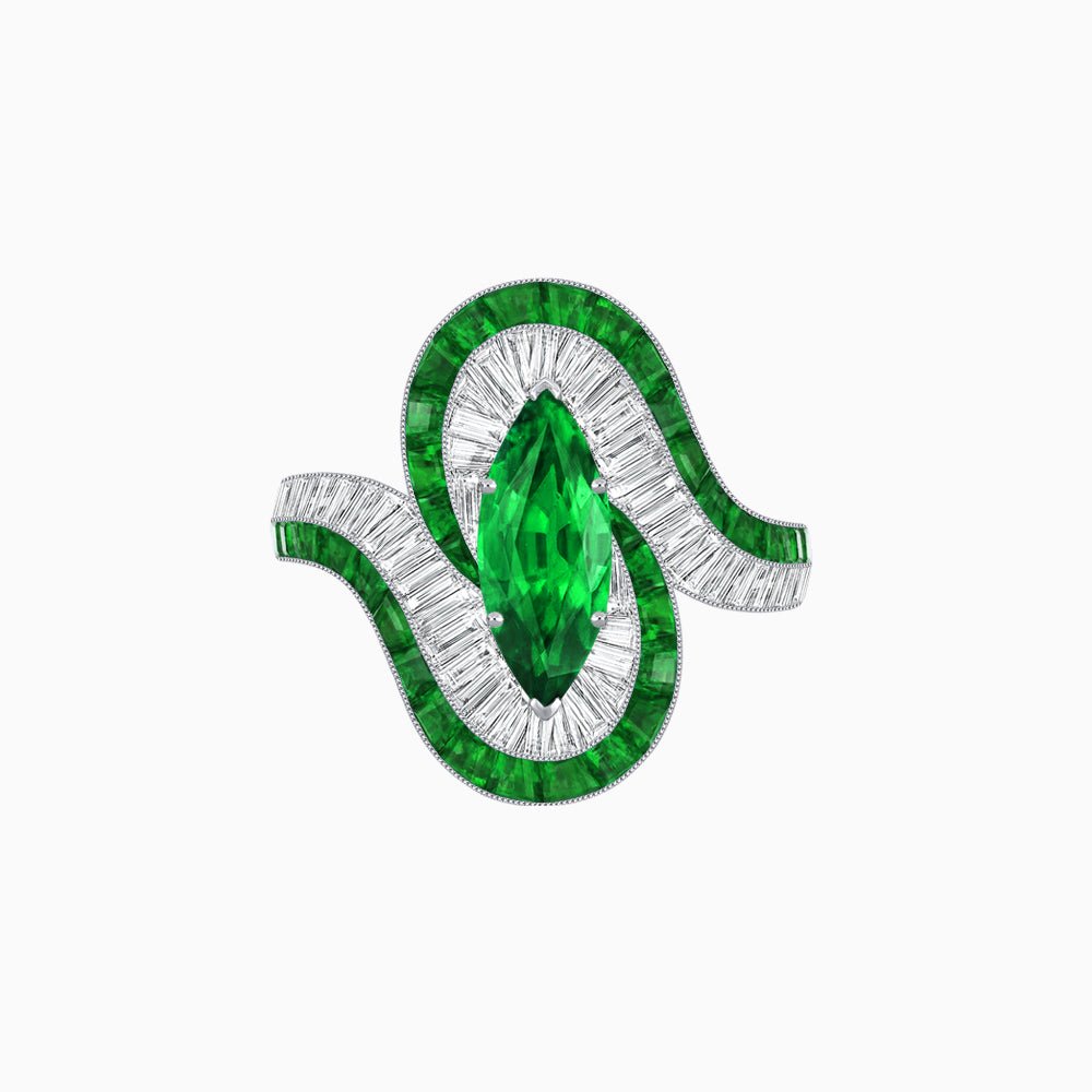Art Deco Style Marquise Cut Wave Ring Mounting with Baguette Diamonds and Calibre-Cut Gemstones - Shahin Jewelry