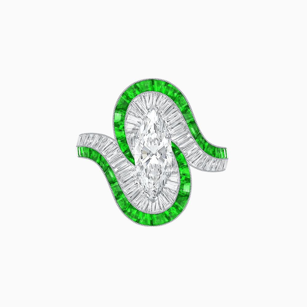 Art Deco Style Marquise Cut Wave Ring Mounting with Baguette Diamonds and Calibre-Cut Gemstones - Shahin Jewelry