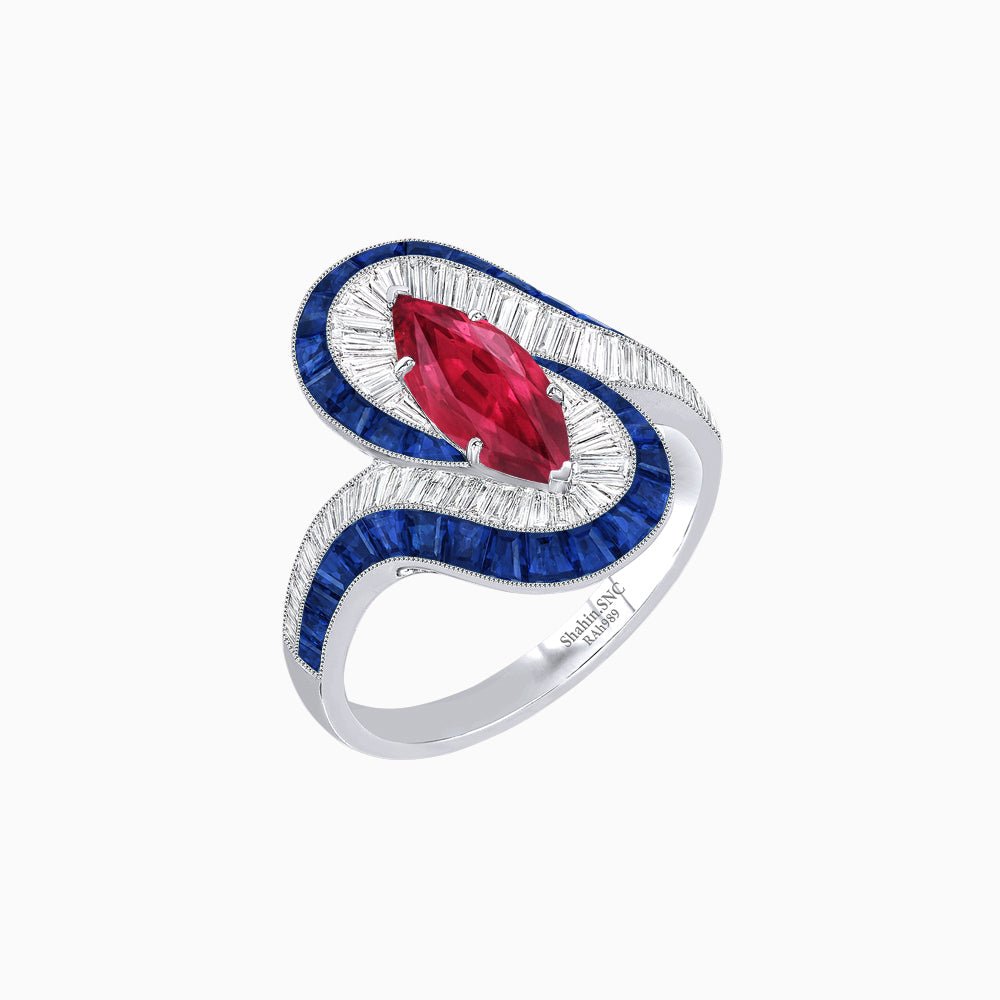 Art Deco Style Marquise Cut Wave Ring Mounting with Baguette Diamonds and Calibre-Cut Gemstones - Shahin Jewelry