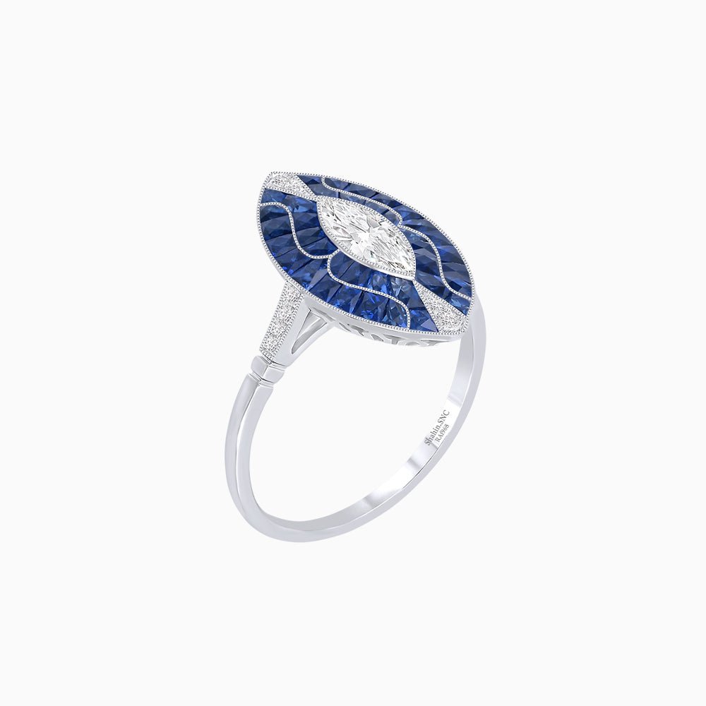 Art Deco Style Marquise Shape Center Clover Ring with Diamond and Blue Sapphire - Shahin Jewelry