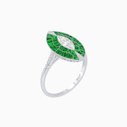Art Deco Style Marquise Shape Center Clover Ring with Diamond and Gemstone - Shahin Jewelry