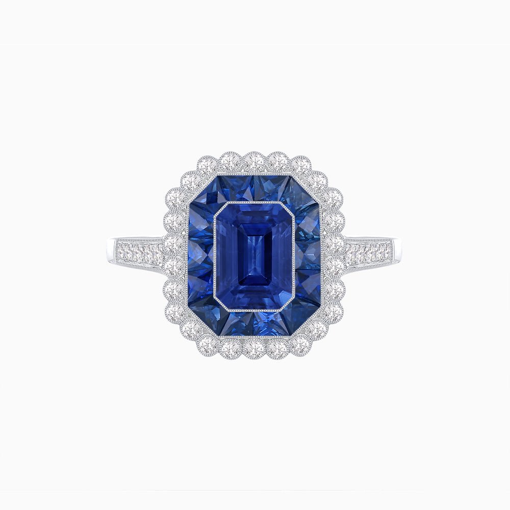 Art Deco Style Mounting Ring with Emerald Cut Center Stone and Calibre-Cut Gemstone Halo - Shahin Jewelry
