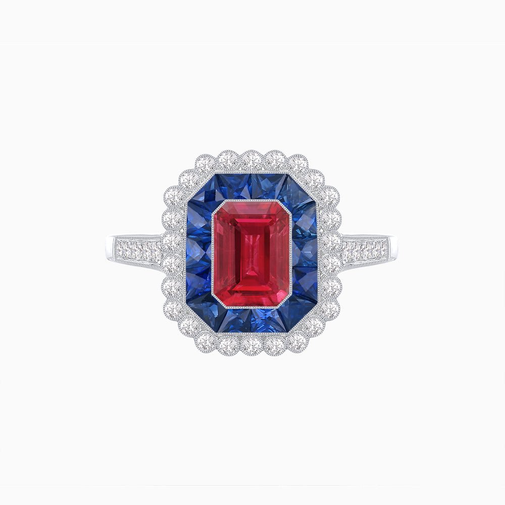 Art Deco Style Mounting Ring with Emerald Cut Center Stone and Calibre-Cut Gemstone Halo - Shahin Jewelry