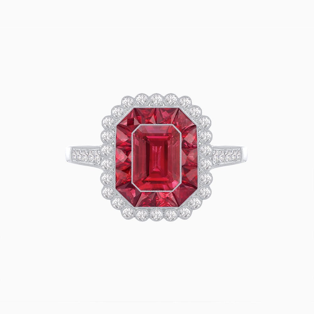 Art Deco Style Mounting Ring with Emerald Cut Center Stone and Calibre-Cut Gemstone Halo - Shahin Jewelry