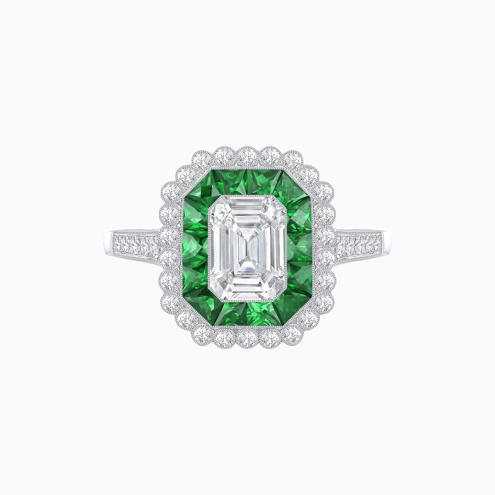 Art Deco Style Mounting Ring with Emerald Cut Center Stone and Calibre-Cut Gemstone Halo - Shahin Jewelry