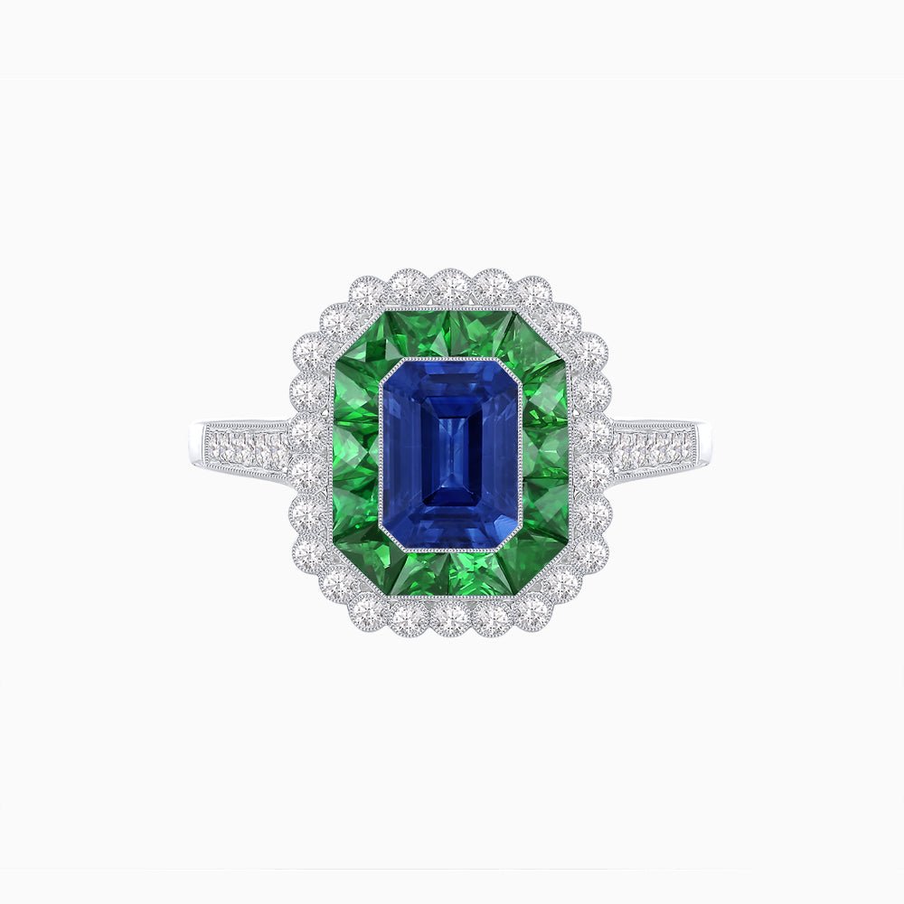 Art Deco Style Mounting Ring with Emerald Cut Center Stone and Calibre-Cut Gemstone Halo - Shahin Jewelry