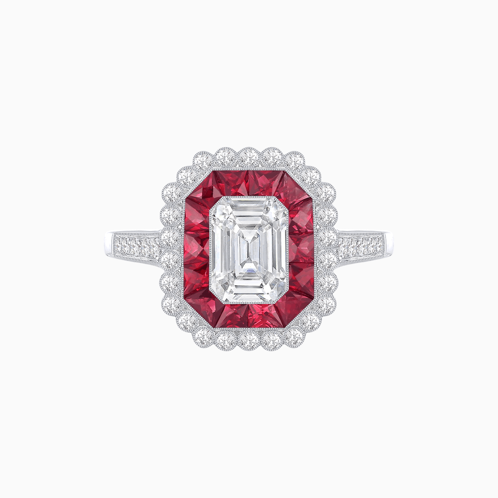 Art Deco Style Mounting Ring with Emerald Cut Center Stone and Calibre-Cut Gemstone Halo - Shahin Jewelry