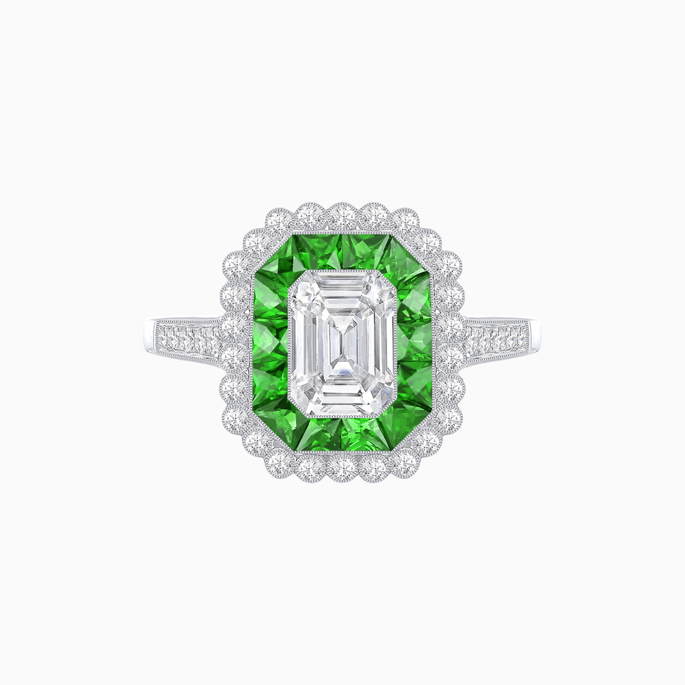 Art Deco Style Mounting Ring with Emerald Cut Center Stone and Calibre-Cut Gemstone Halo - Shahin Jewelry