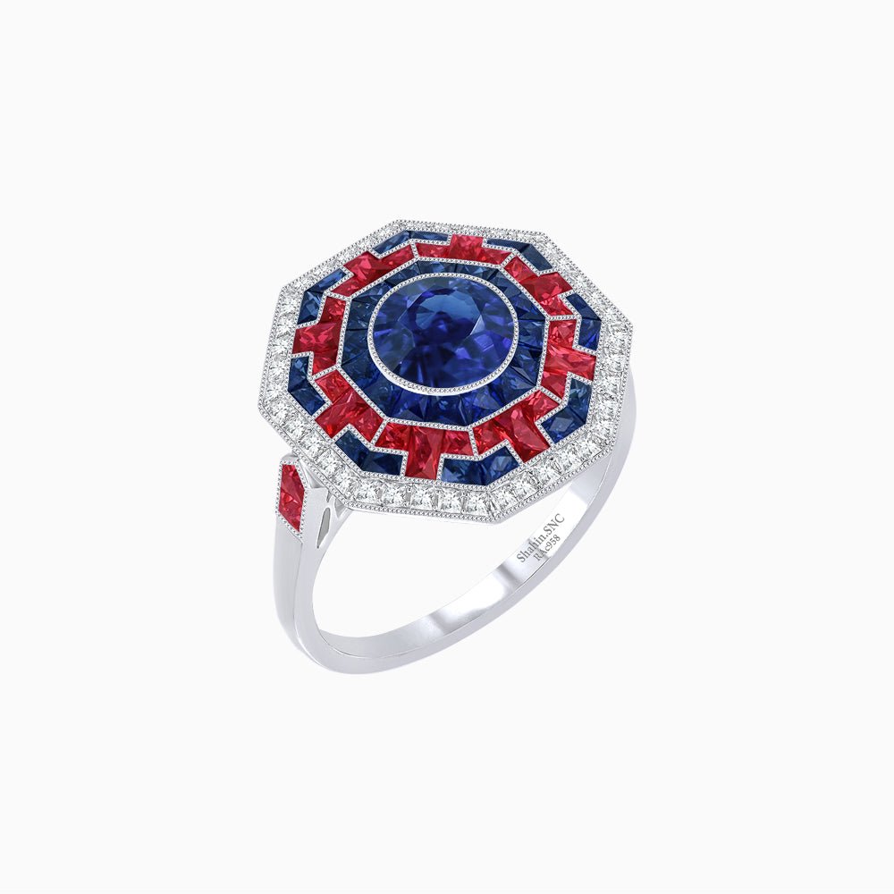 Art Deco Style Octagonal Ring with Geometric Design and Customizable Center Stone - Shahin Jewelry