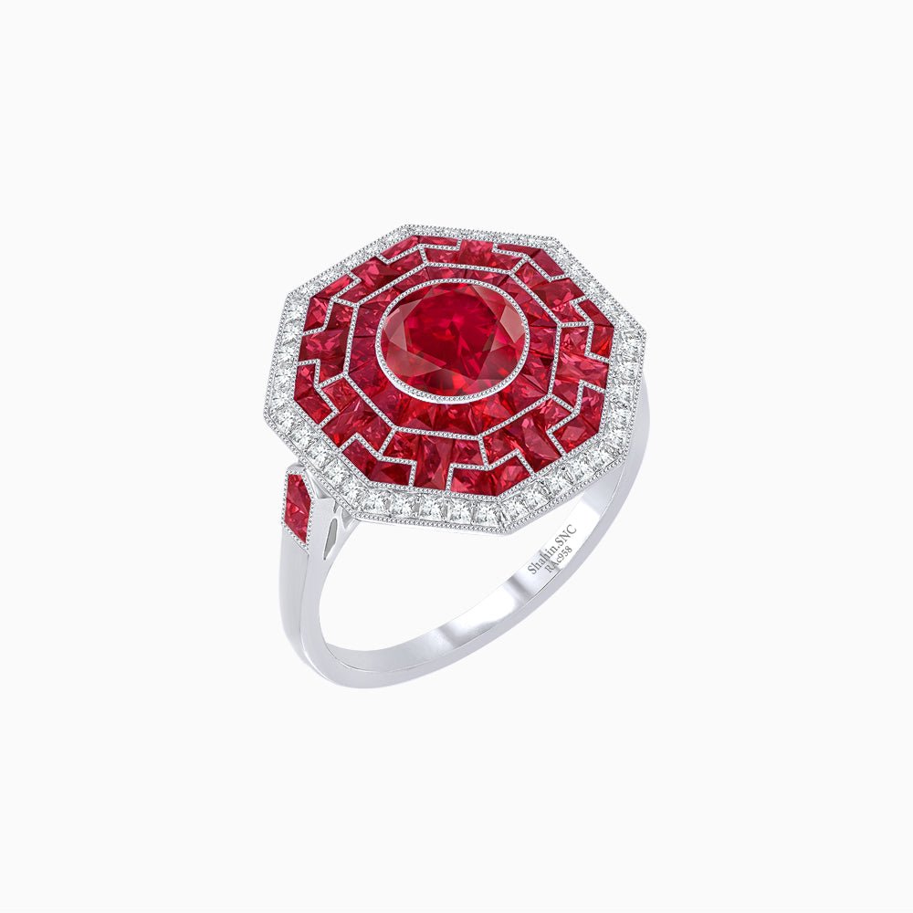 Art Deco Style Octagonal Ring with Geometric Design and Customizable Center Stone - Shahin Jewelry
