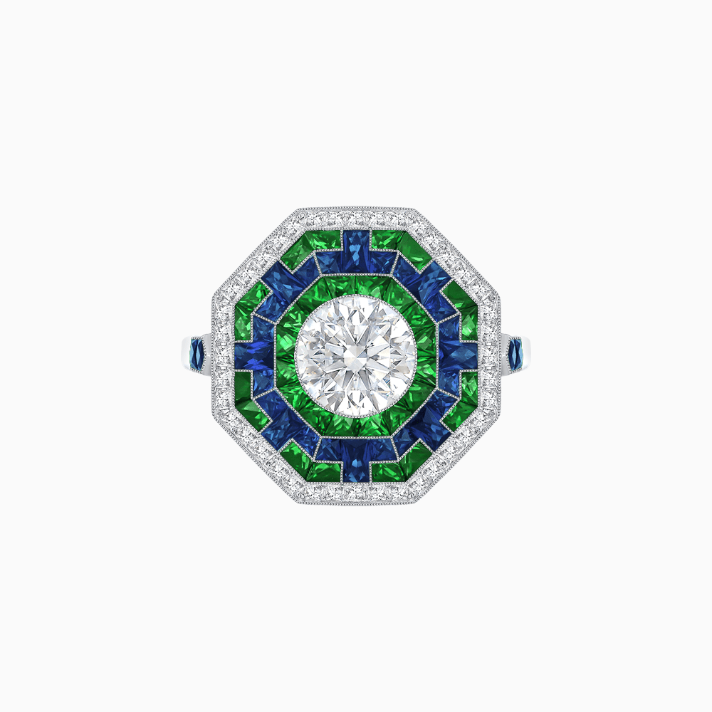 Art Deco Style Octagonal Ring with Geometric Design and Customizable Center Stone - Shahin Jewelry