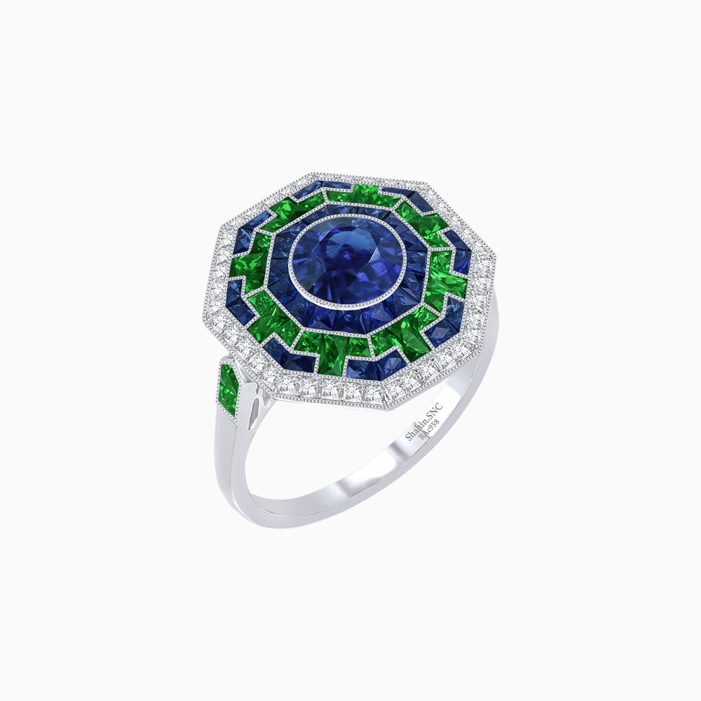 Art Deco Style Octagonal Ring with Geometric Design and Customizable Center Stone - Shahin Jewelry