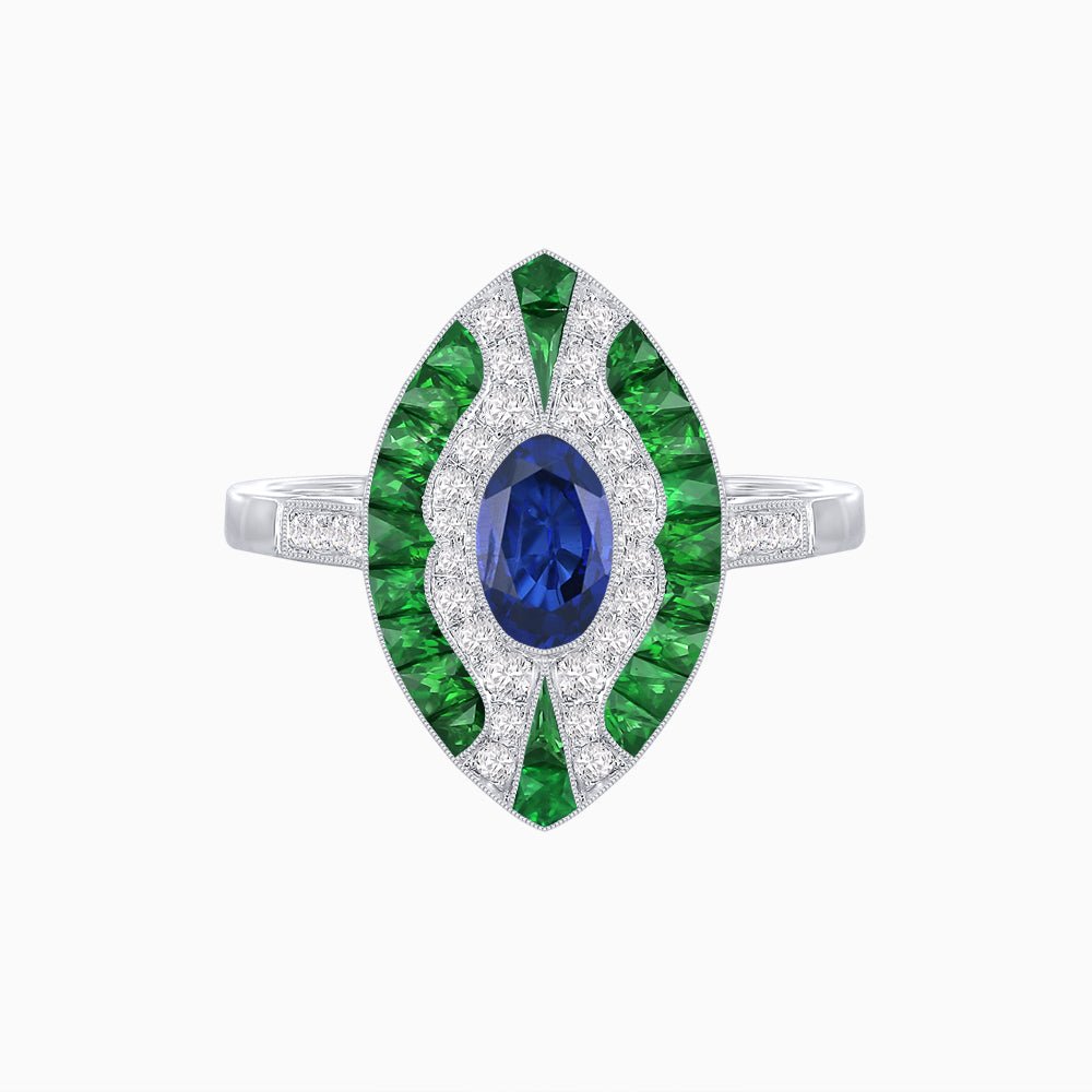 Art Deco Style Oval Center Clover Ring with Gemstone - Shahin Jewelry