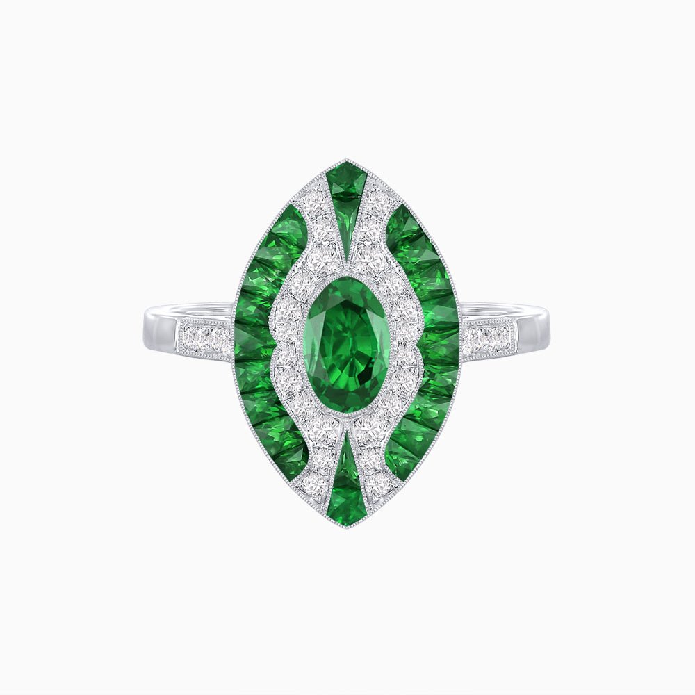 Art Deco Style Oval Center Clover Ring with Gemstone - Shahin Jewelry