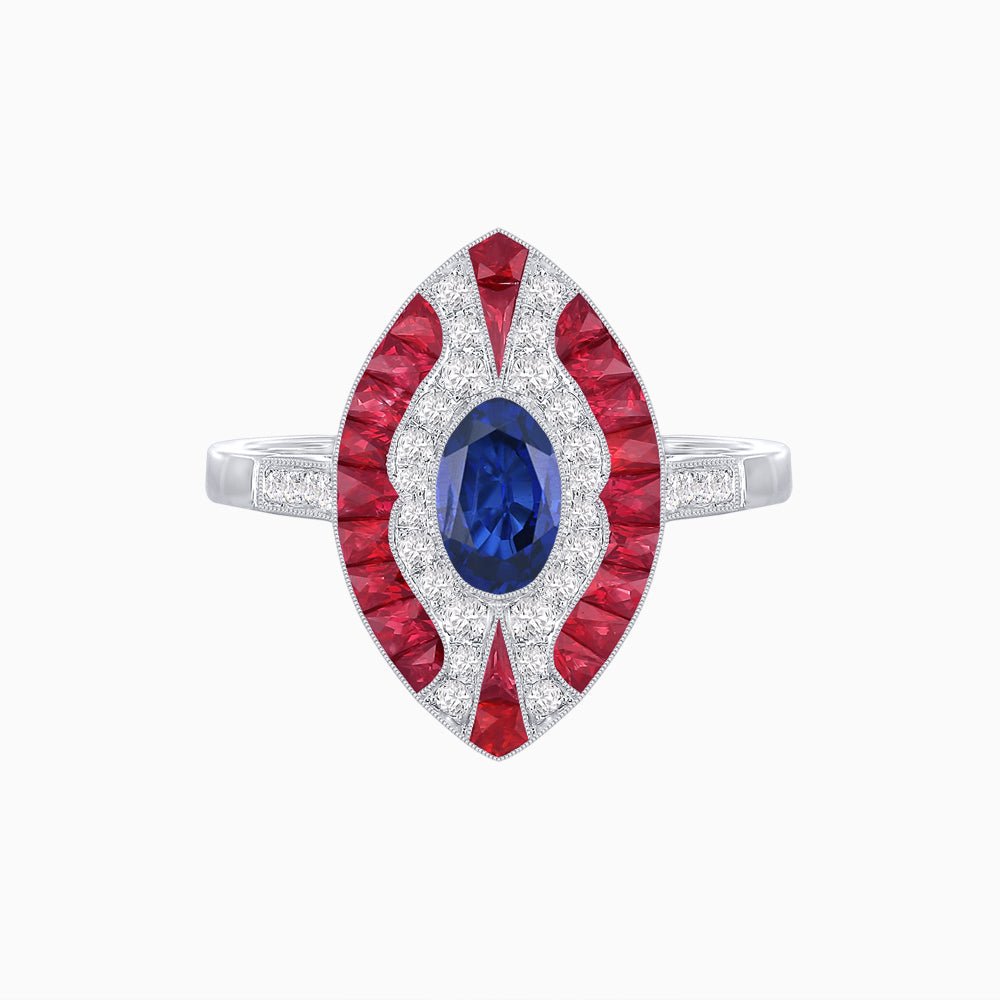 Art Deco Style Oval Center Clover Ring with Gemstone - Shahin Jewelry