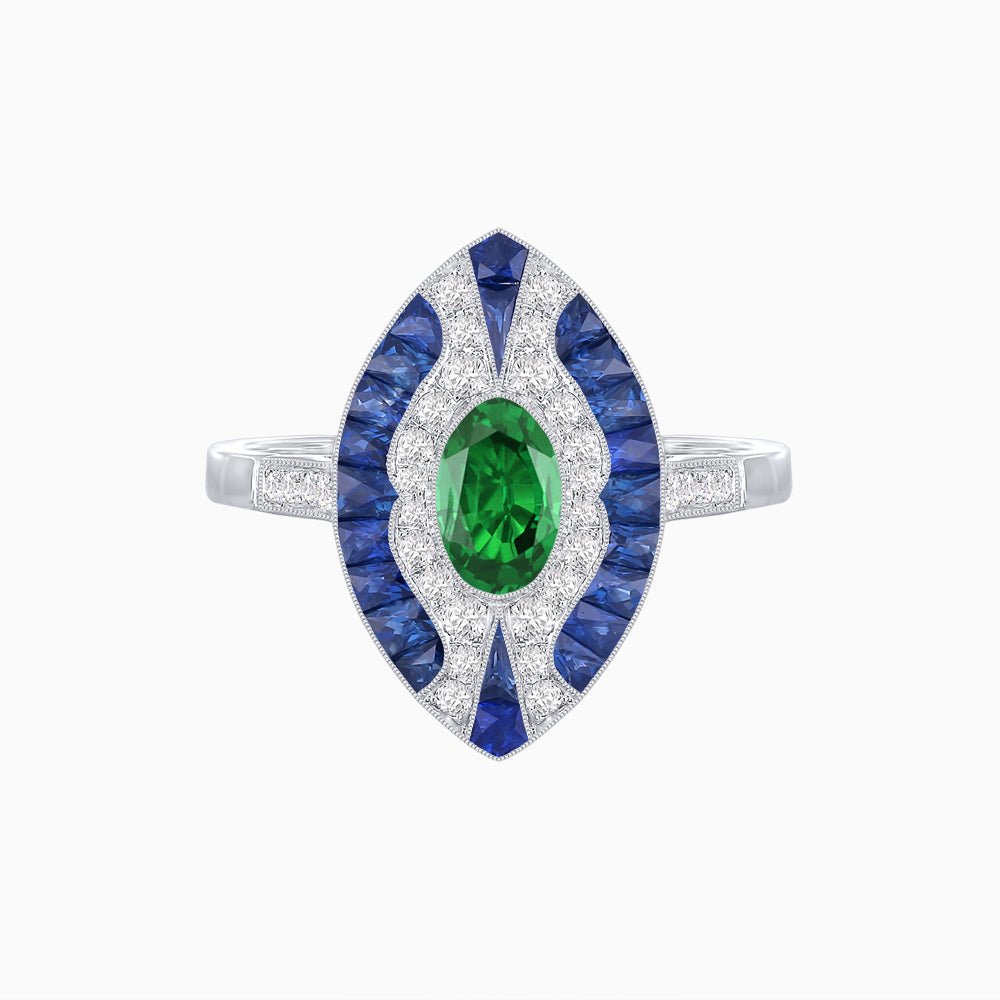 Art Deco Style Oval Center Clover Ring with Gemstone - Shahin Jewelry