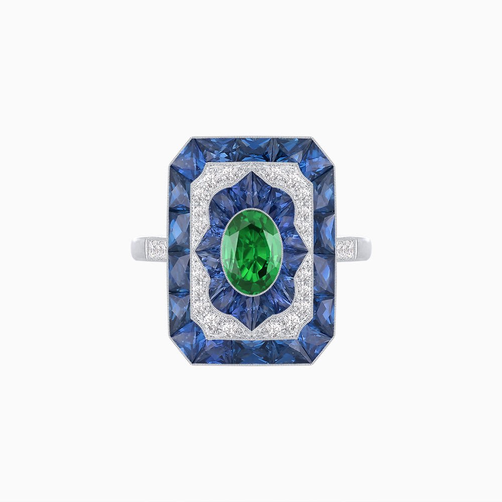Art Deco Style Oval Cut Ring with Customizable French - Cut Gemstone Accents - Shahin Jewelry