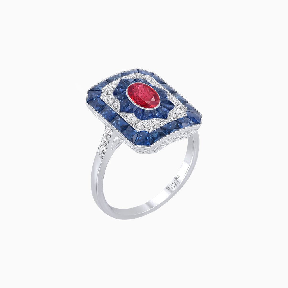 Art Deco Style Oval Cut Ring with Customizable French - Cut Gemstone Accents - Shahin Jewelry