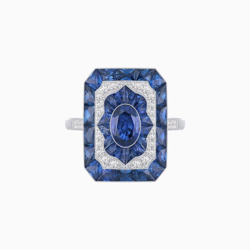 Art Deco Style Oval Cut Ring with Customizable French - Cut Gemstone Accents - Shahin Jewelry