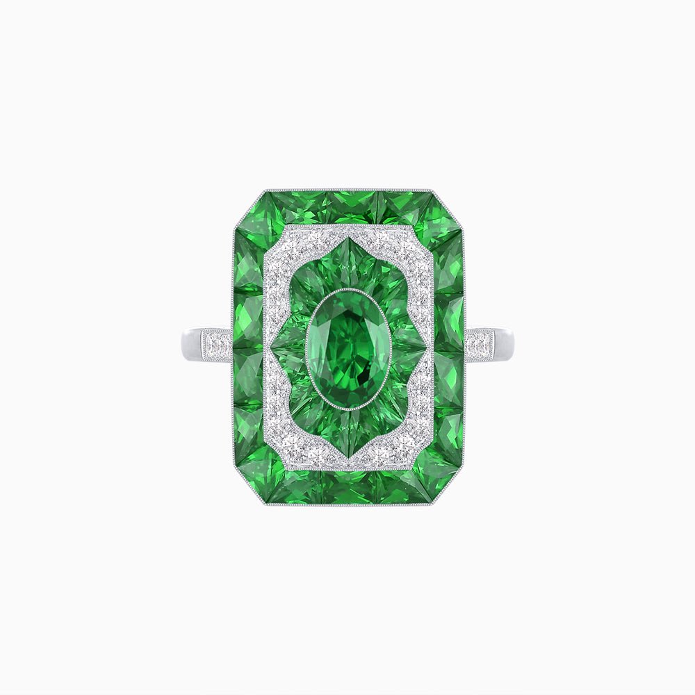 Art Deco Style Oval Cut Ring with Customizable French - Cut Gemstone Accents - Shahin Jewelry