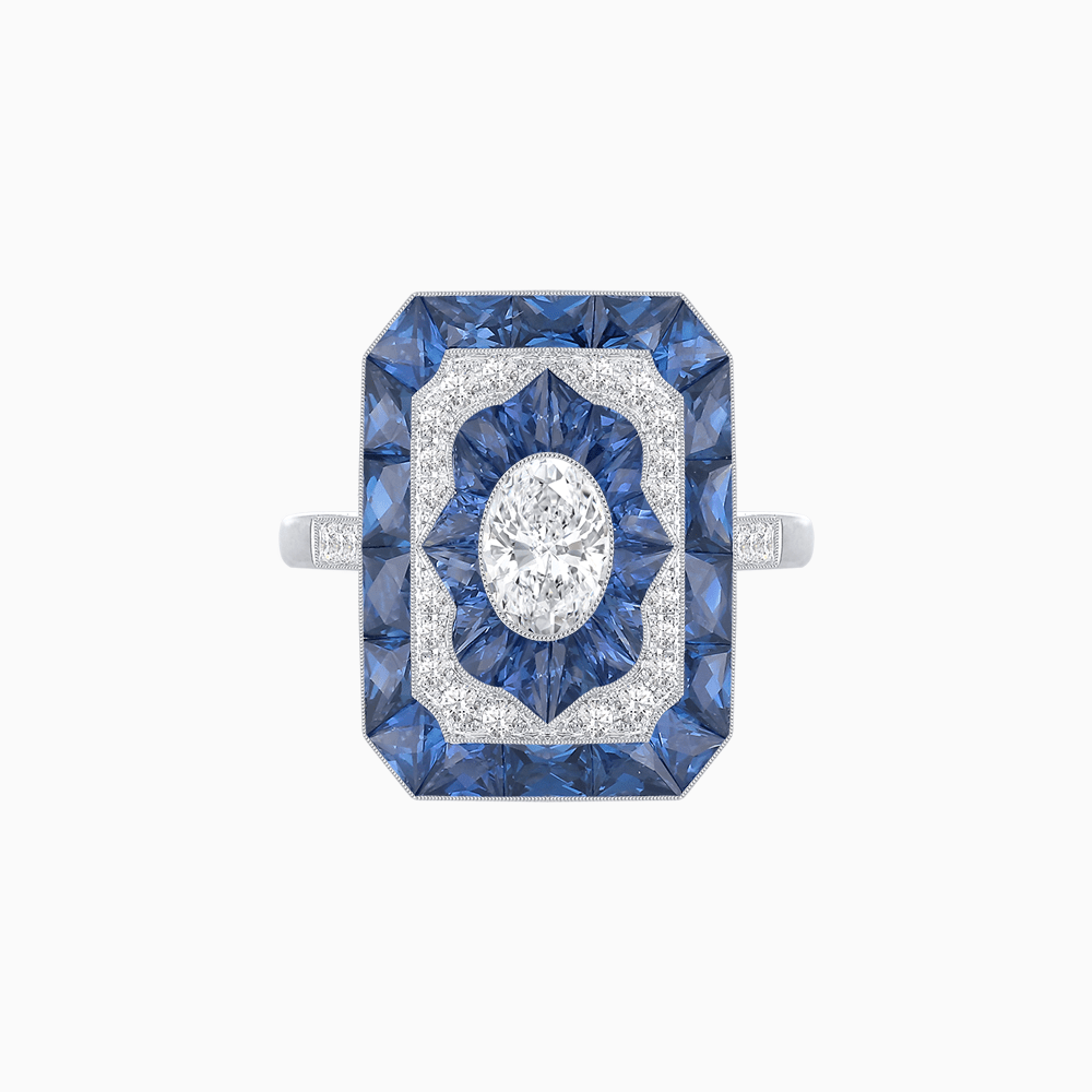 Art Deco Style Oval Cut Ring with Customizable French - Cut Gemstone Accents - Shahin Jewelry