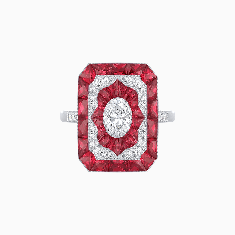 Art Deco Style Oval Cut Ring with Customizable French - Cut Gemstone Accents - Shahin Jewelry