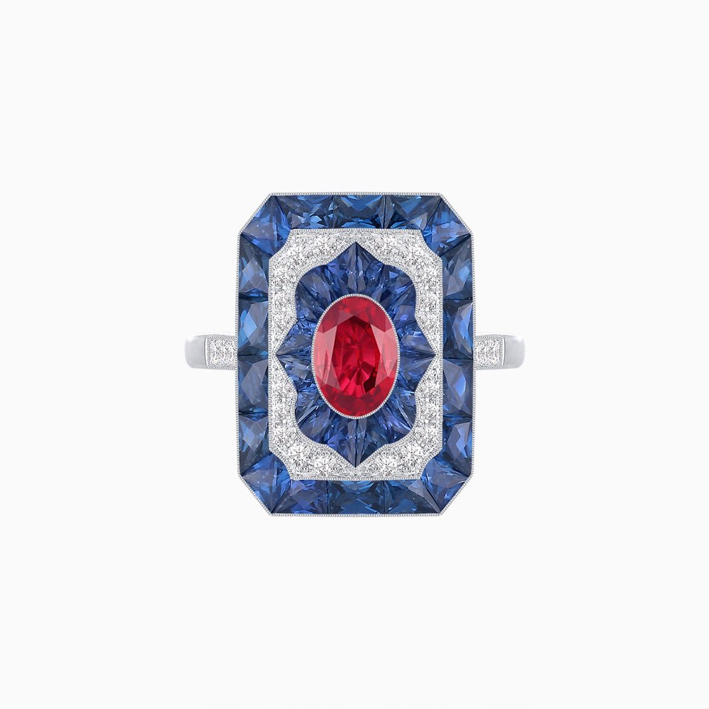 Art Deco Style Oval Cut Ring with Customizable French - Cut Gemstone Accents - Shahin Jewelry