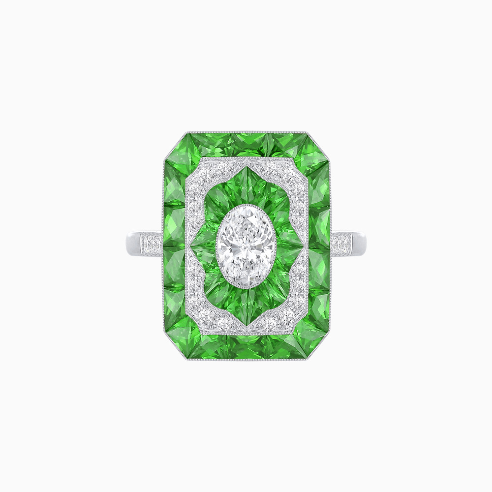 Art Deco Style Oval Cut Ring with Customizable French - Cut Gemstone Accents - Shahin Jewelry