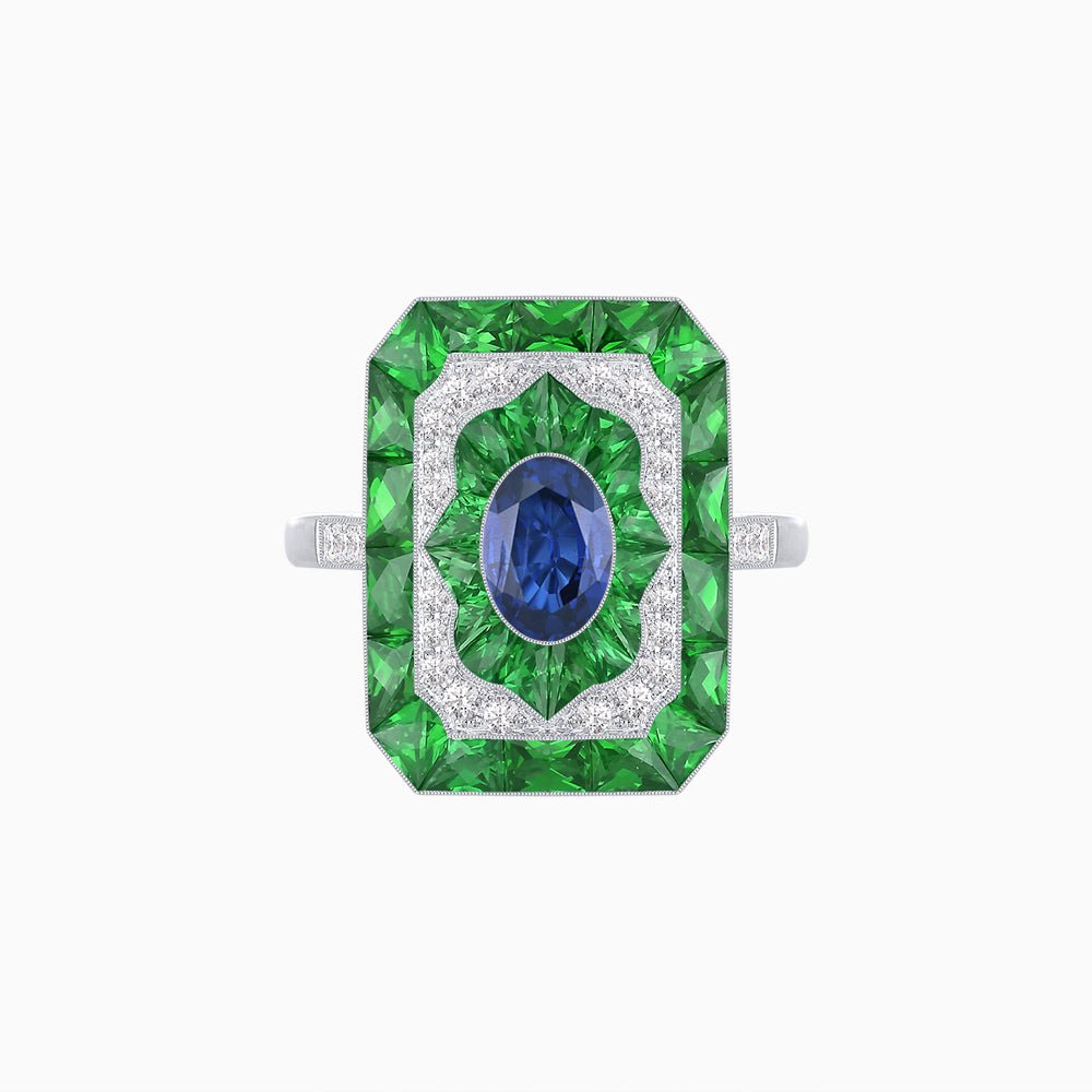 Art Deco Style Oval Cut Ring with Customizable French - Cut Gemstone Accents - Shahin Jewelry