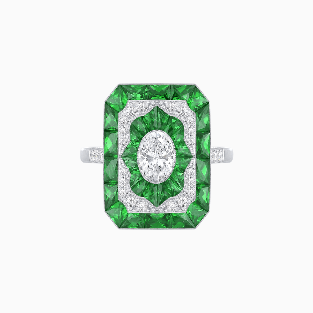 Art Deco Style Oval Cut Ring with Customizable French - Cut Gemstone Accents - Shahin Jewelry