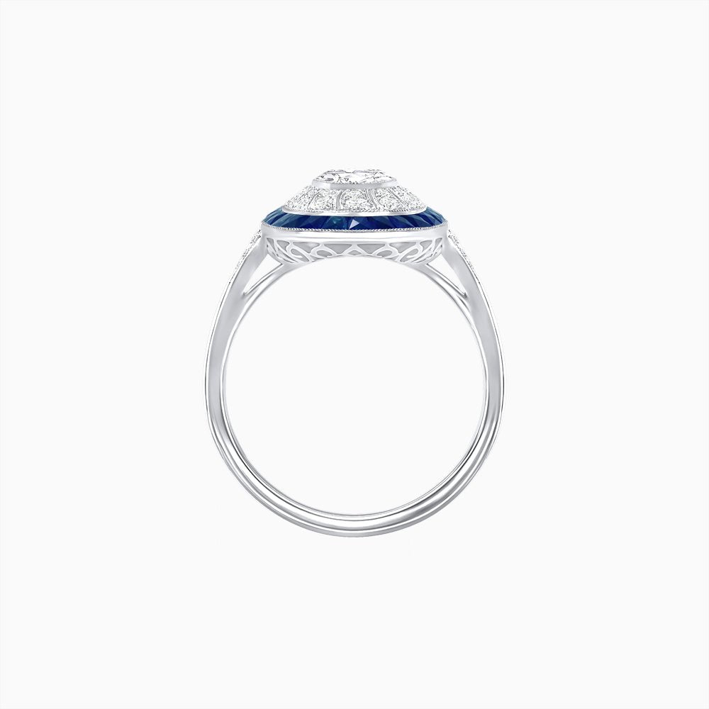 Art Deco Style Oval Ring with French-Cut Gemstone Halo and Diamond Accents - Shahin Jewelry
