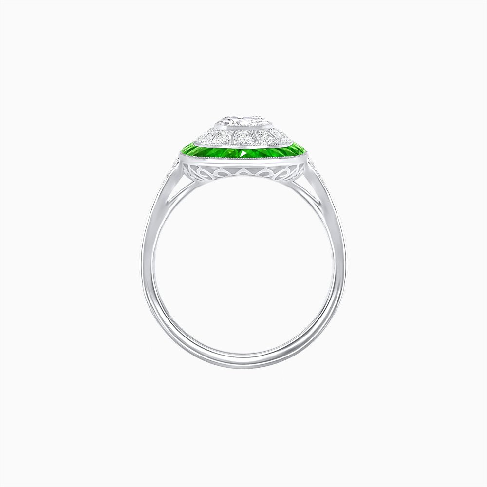 Art Deco Style Oval Ring with French-Cut Gemstone Halo and Diamond Accents - Shahin Jewelry