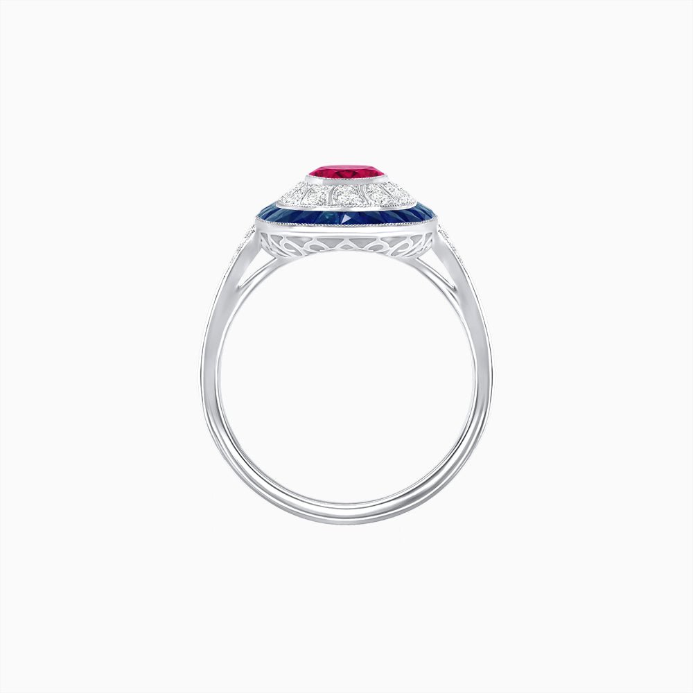 Art Deco Style Oval Ring with French-Cut Gemstone Halo and Diamond Accents - Shahin Jewelry