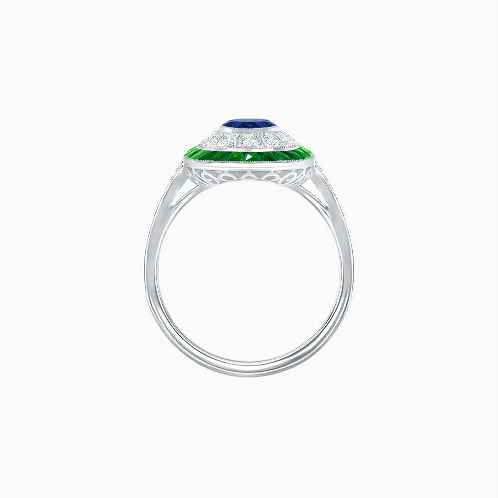 Art Deco Style Oval Ring with French-Cut Gemstone Halo and Diamond Accents - Shahin Jewelry
