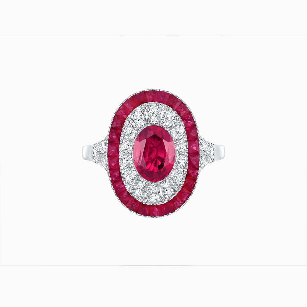 Art Deco Style Oval Ring with French-Cut Gemstone Halo and Diamond Accents - Shahin Jewelry