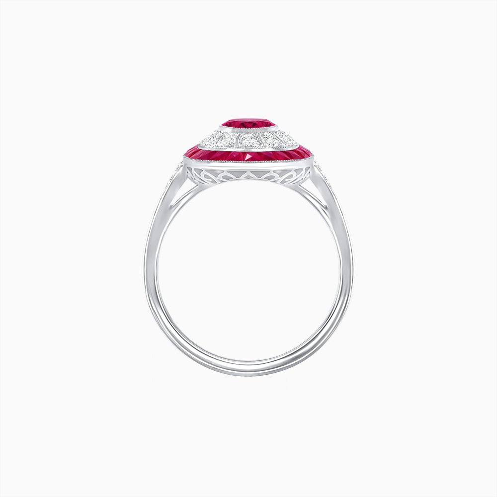 Art Deco Style Oval Ring with French-Cut Gemstone Halo and Diamond Accents - Shahin Jewelry