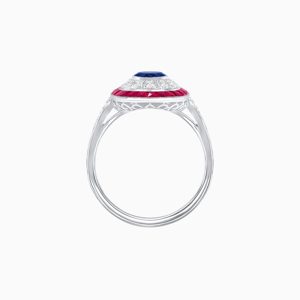Art Deco Style Oval Ring with French-Cut Gemstone Halo and Diamond Accents - Shahin Jewelry