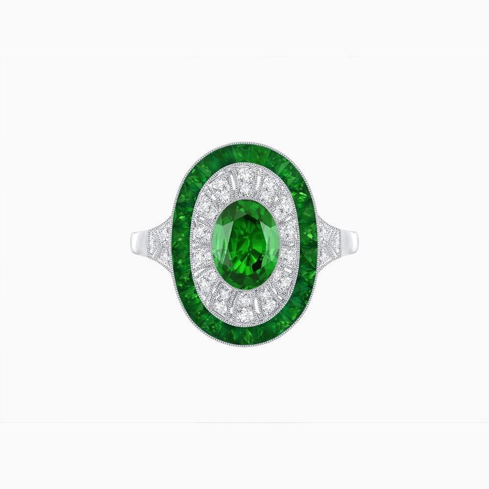 Art Deco Style Oval Ring with French-Cut Gemstone Halo and Diamond Accents - Shahin Jewelry