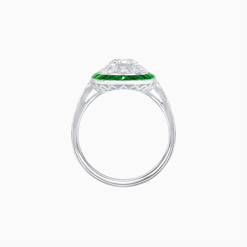Art Deco Style Oval Ring with French-Cut Gemstone Halo and Diamond Accents - Shahin Jewelry
