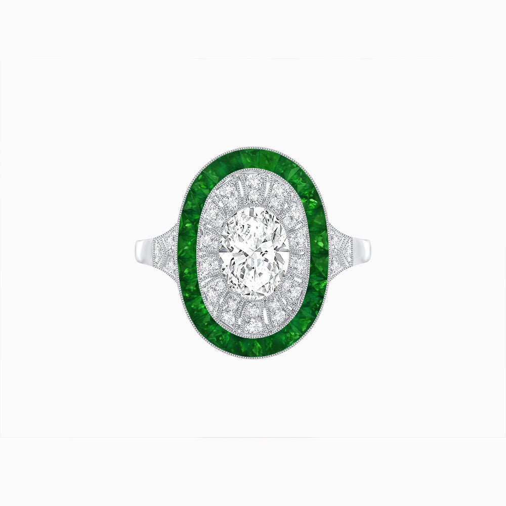 Art Deco Style Oval Ring with French-Cut Gemstone Halo and Diamond Accents - Shahin Jewelry